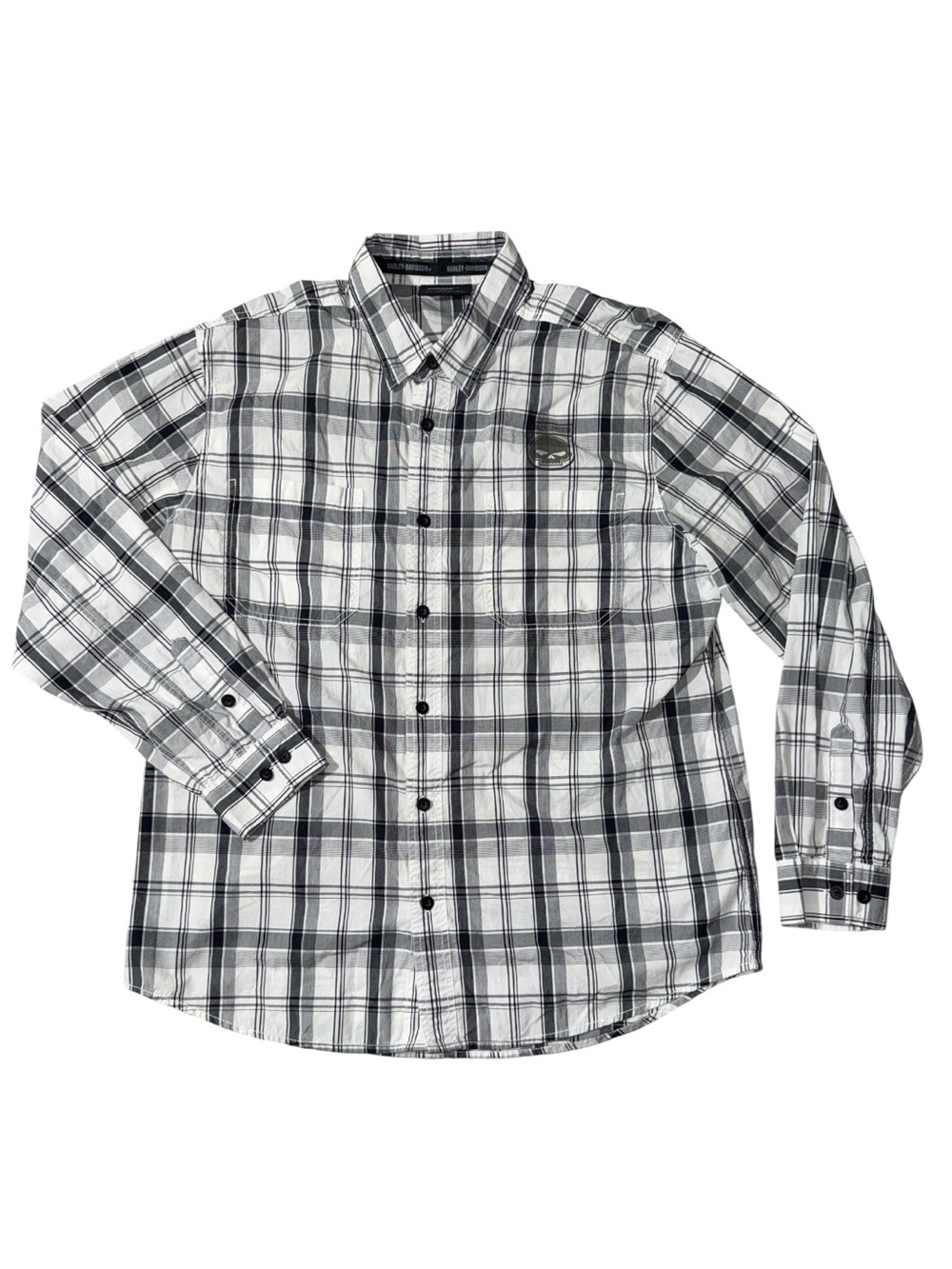 Harley Davidson mens XL white black plaid button up motorcycle shirt EUC